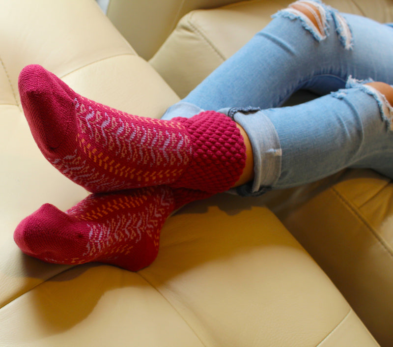 Wool Blend Plush Warm Boot Socks NO GRIPS | Herringbone |  Raspberry - CHERRYSTONE by MARKET TO JAPAN LLC