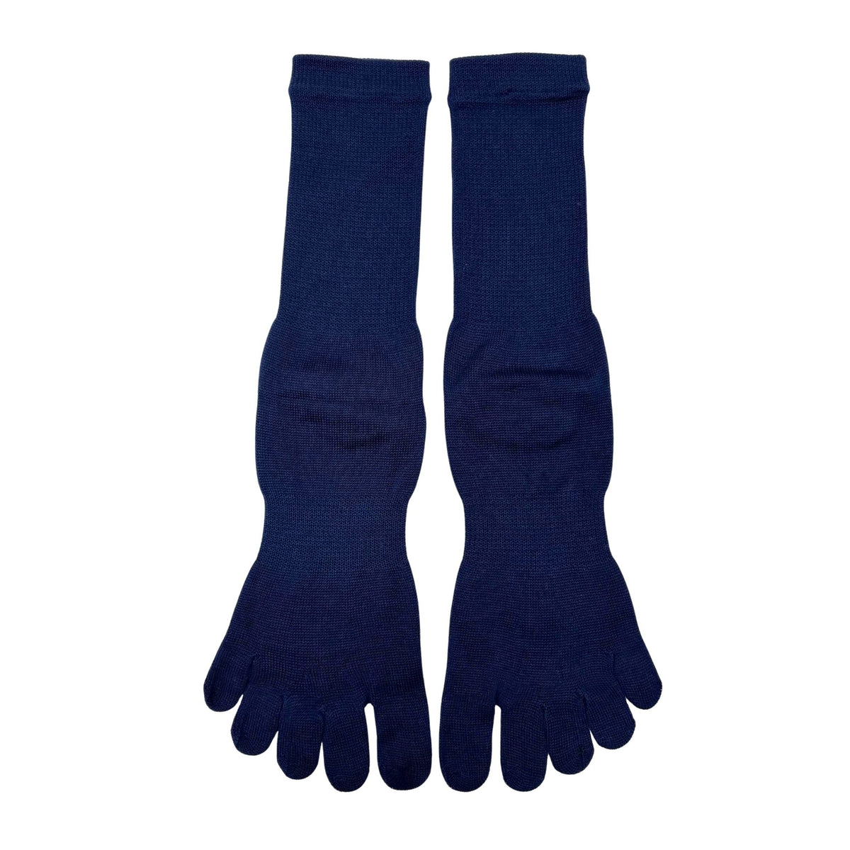 Pair of navy blue five-toe socks on a white background