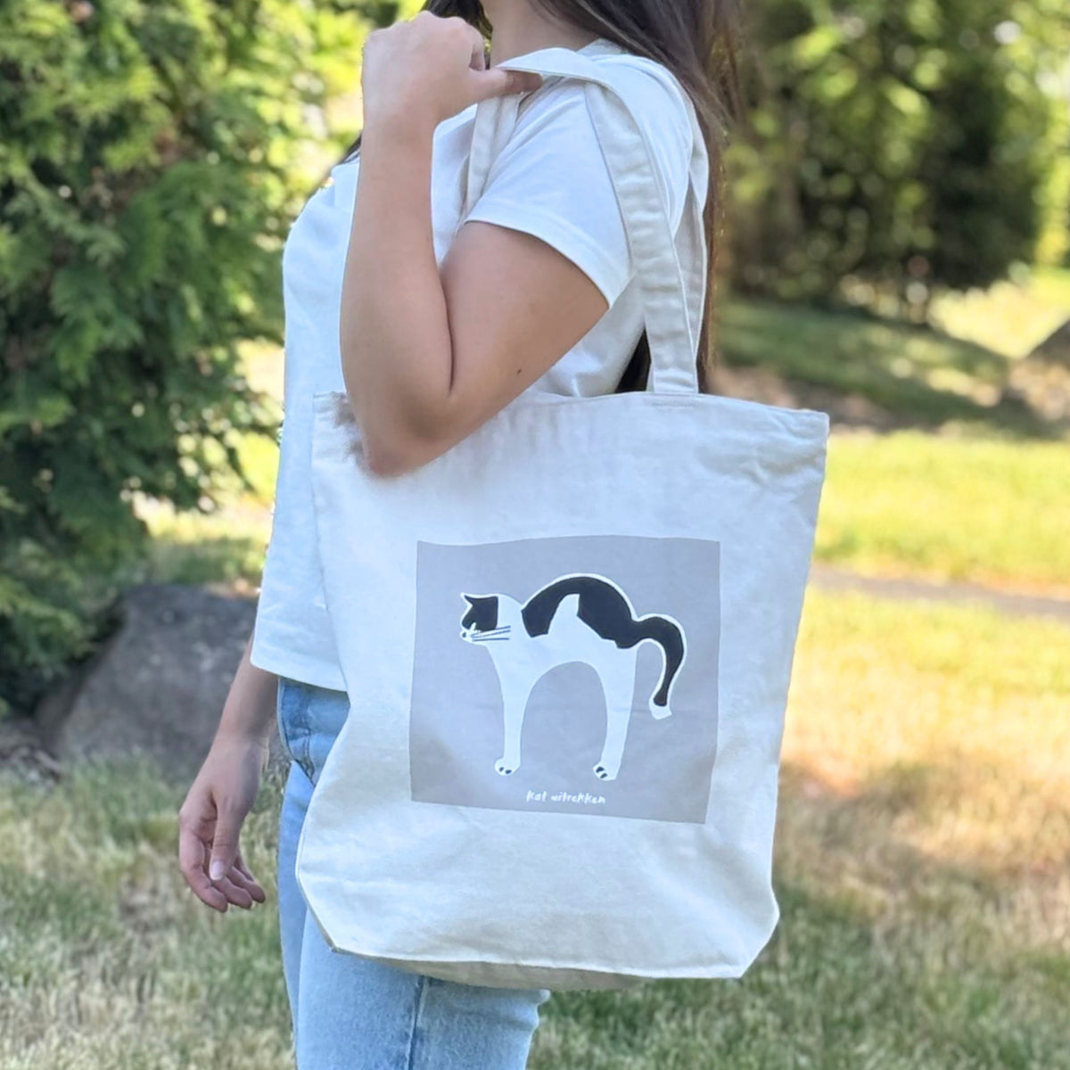 Upcycled Eco-Friendly Graphic Design Tote | Morning Stretch Cat - CHERRYSTONE