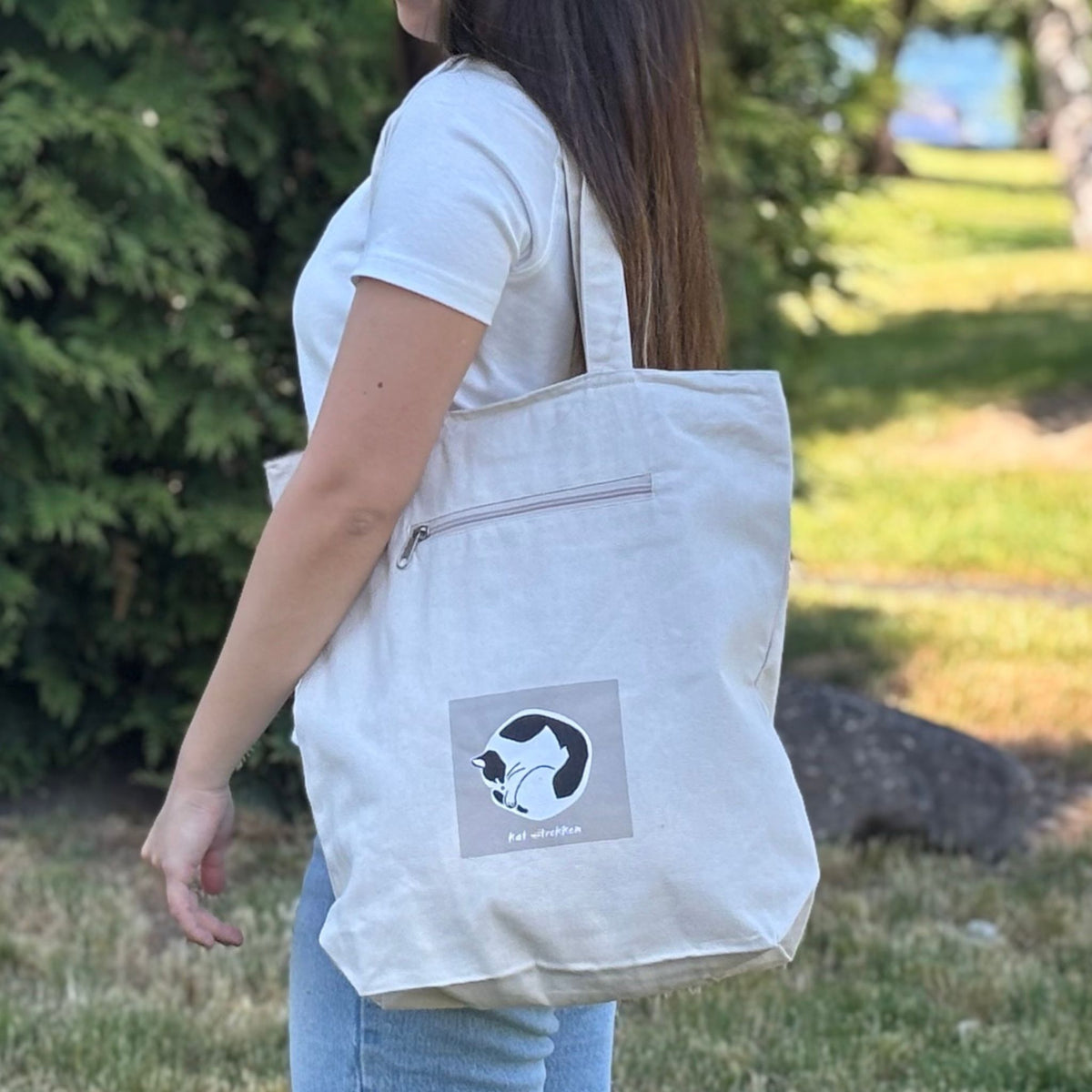 Upcycled Eco-Friendly Graphic Design Tote | Morning Stretch Cat - CHERRYSTONE