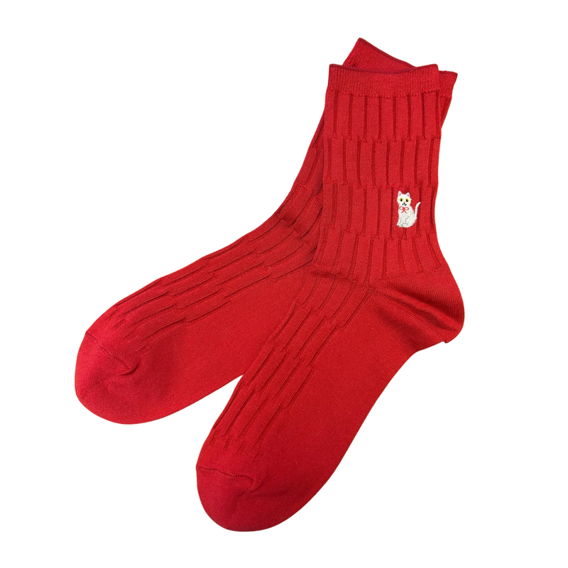Cotton Animal Ribbed Everyday Crew Socks | Size Medium | Red, Gray or Navy with Cat - CHERRYSTONEstyle