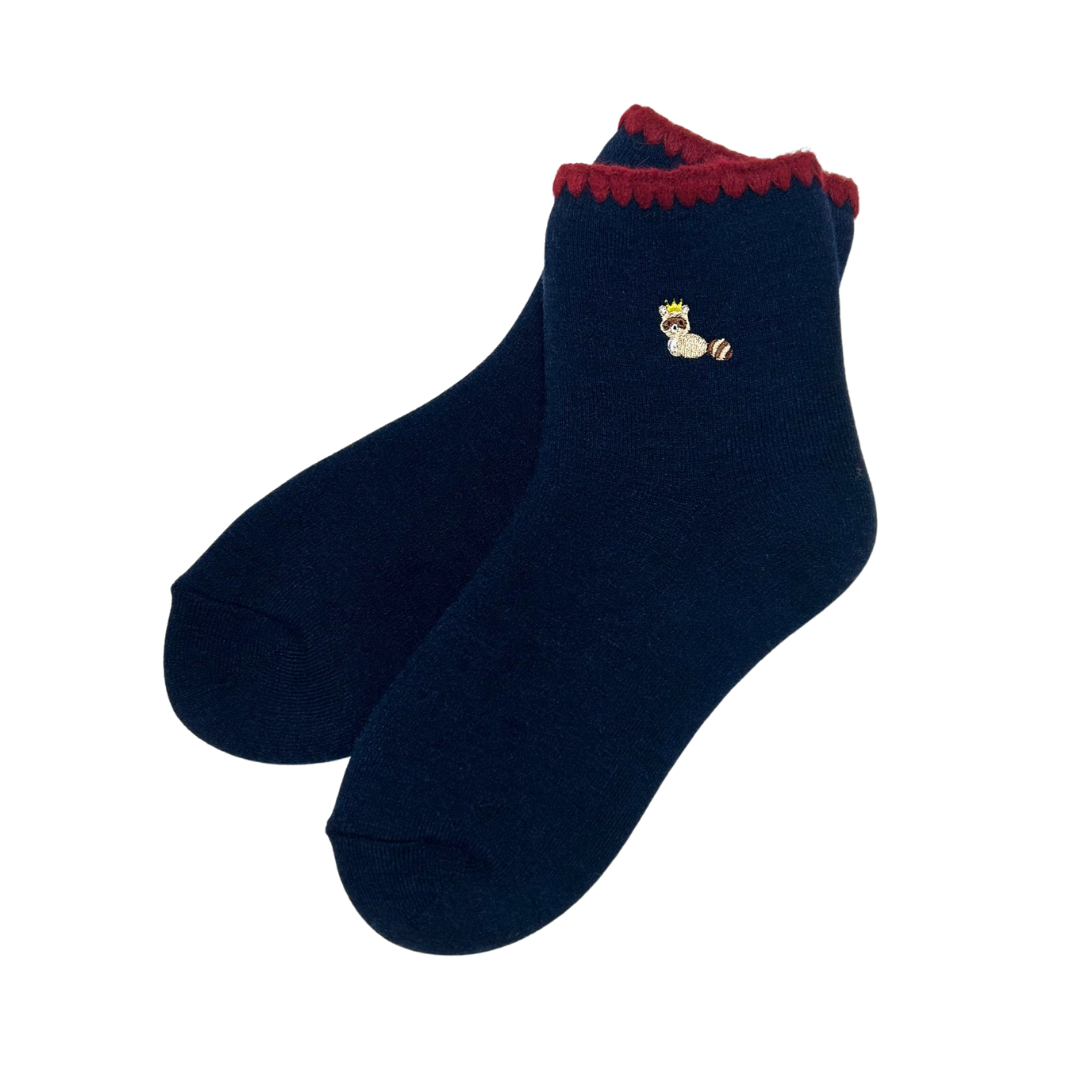 2 Colors Pairs Set | Handcrafted Wool Raccoon Embroidery Crew Socks Set | Medium | 2 Colors set - CHERRYSTONEstyle