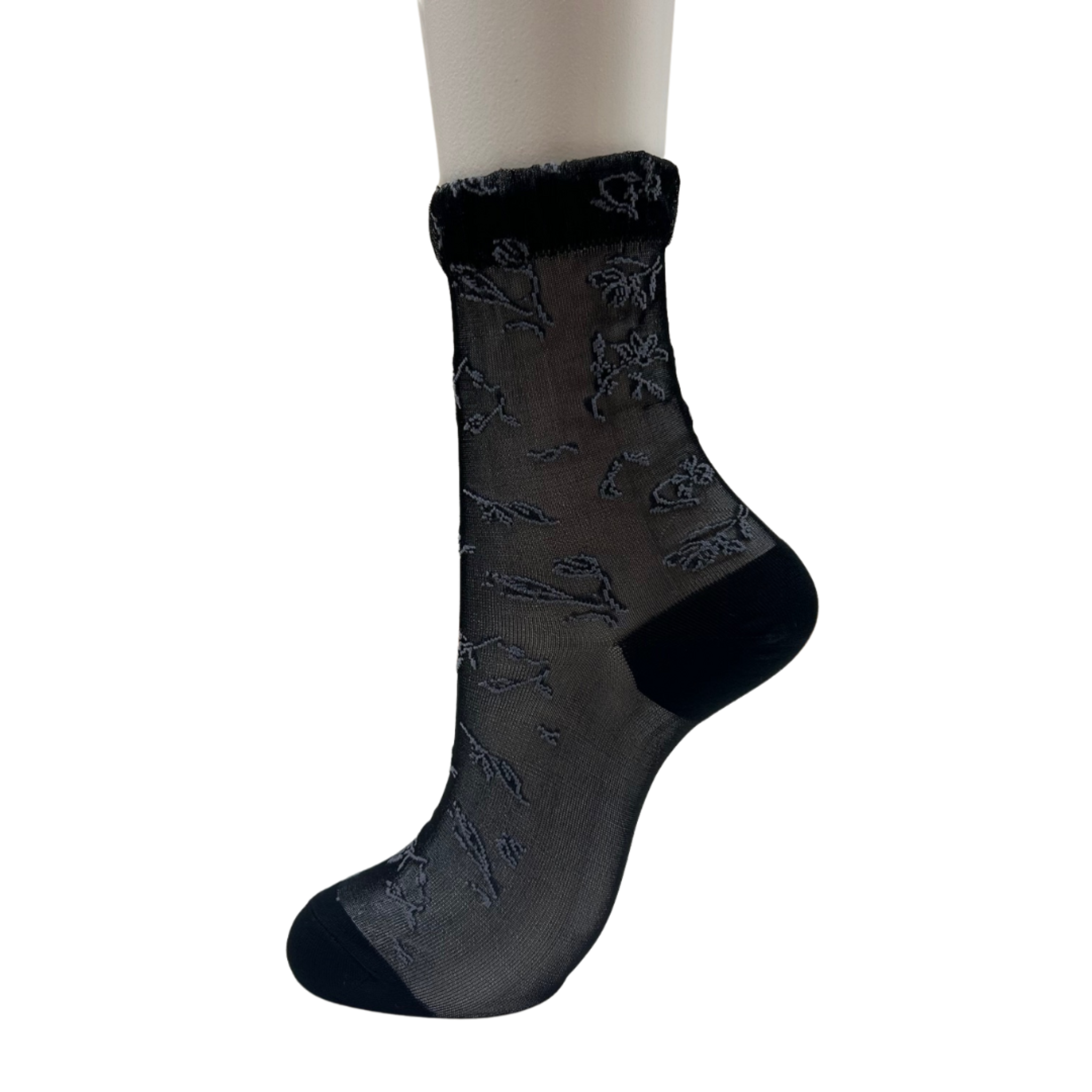 Stylish Sheer Floral Pattern Crew Socks | Medium | Black, Greige or Navy - CHERRYSTONEstyle