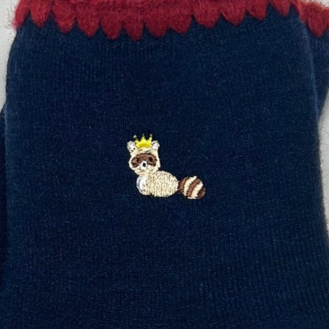 2 Colors Pairs Set | Handcrafted Wool Raccoon Embroidery Crew Socks Set | Medium | 2 Colors set - CHERRYSTONEstyle