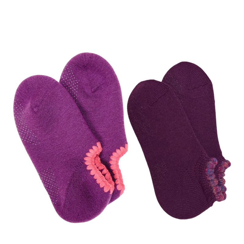 2 PAIRS of Handcrafted Wool Slipper and Thermal Soft-Opening Short Slipper Socks | With Grips | Medium. Stylish wool blend slipper socks with plush cushioning and heat-retaining brushed inner pile. Soft outer, secure grips on the soles, and fluffy trim for added comfort. Perfect gift ideas.