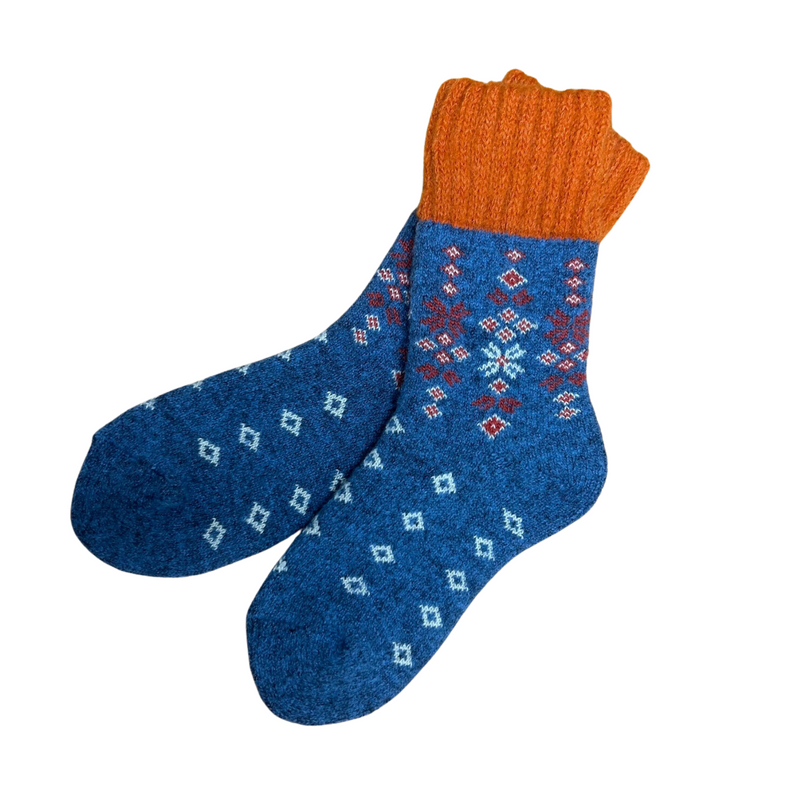 Snowflake Merino Wool Blend Slipper Socks | No Grip | Large | Blue - CHERRYSTONEstyle