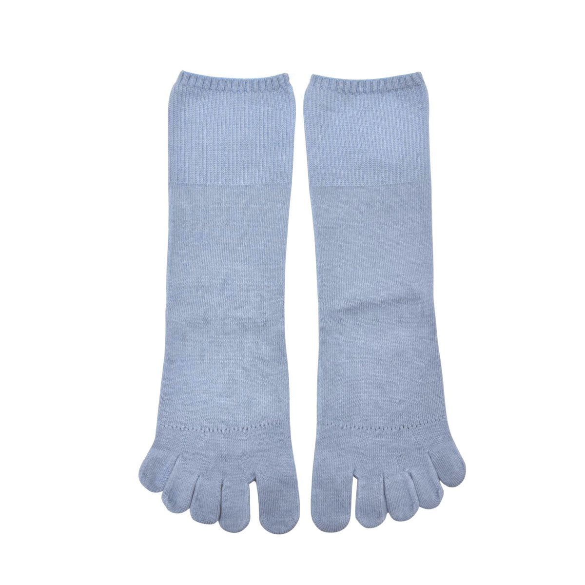 Pair of light blue five-toe socks on a white background
