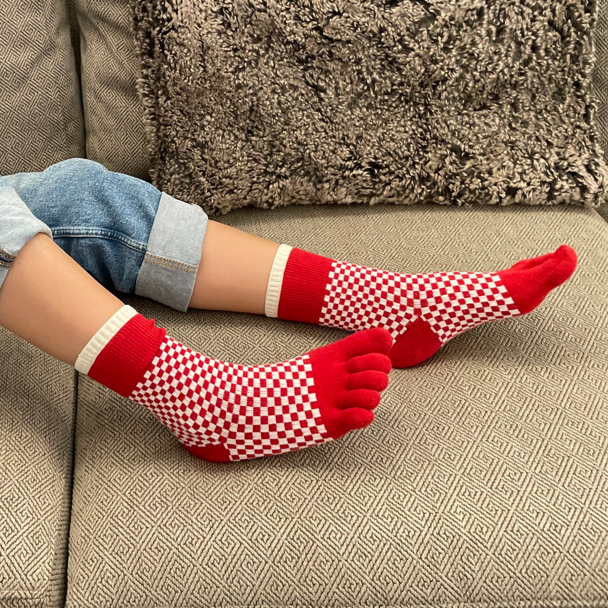 Cotton Blend 3D 5-Toe Socks Japanese Checkered Pattern Medium