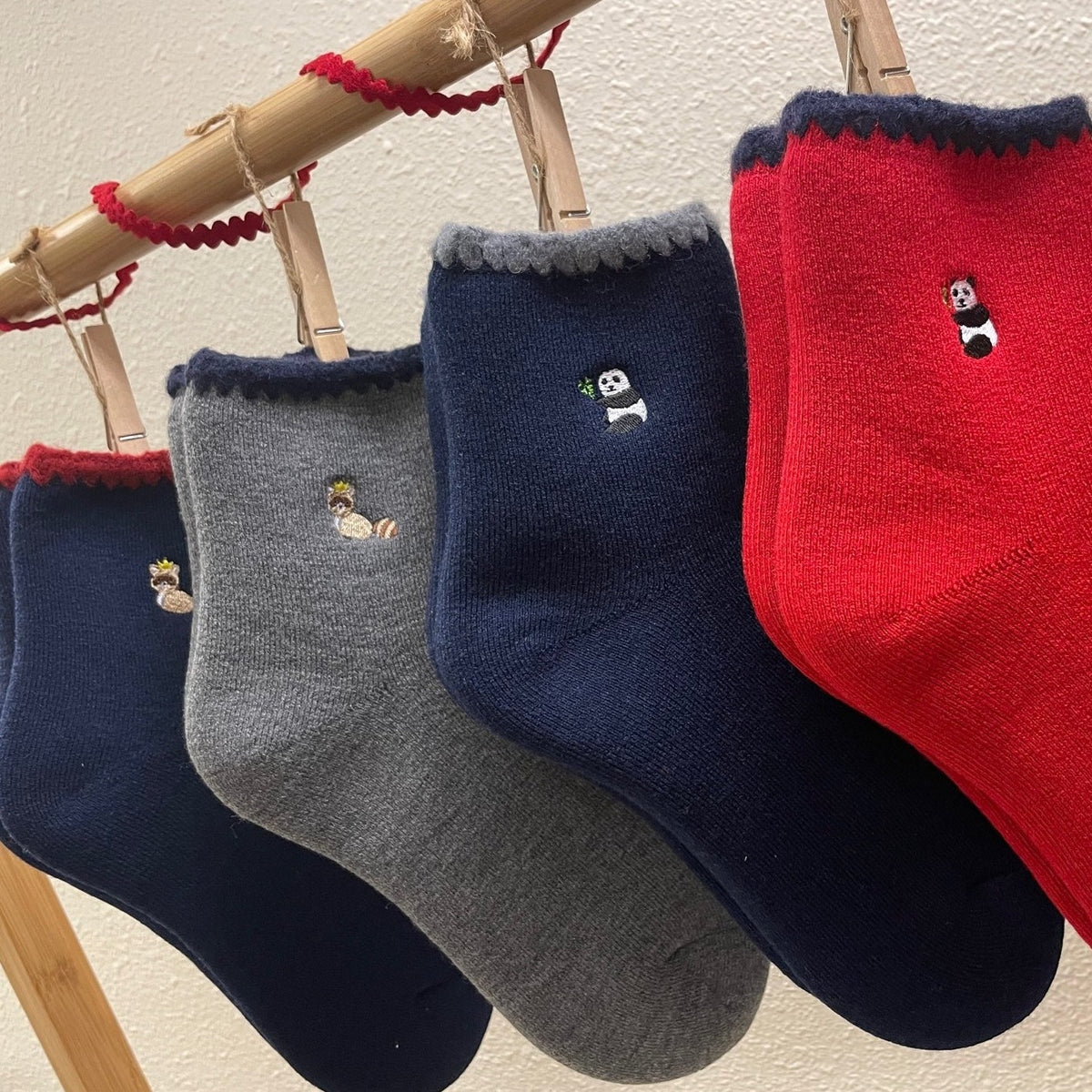 SPECIAL DEAL! 2 PAIRS |  Wool Raccoon Embroidery Crew Socks | Medium | 2 colors set - CHERRYSTONEstyle