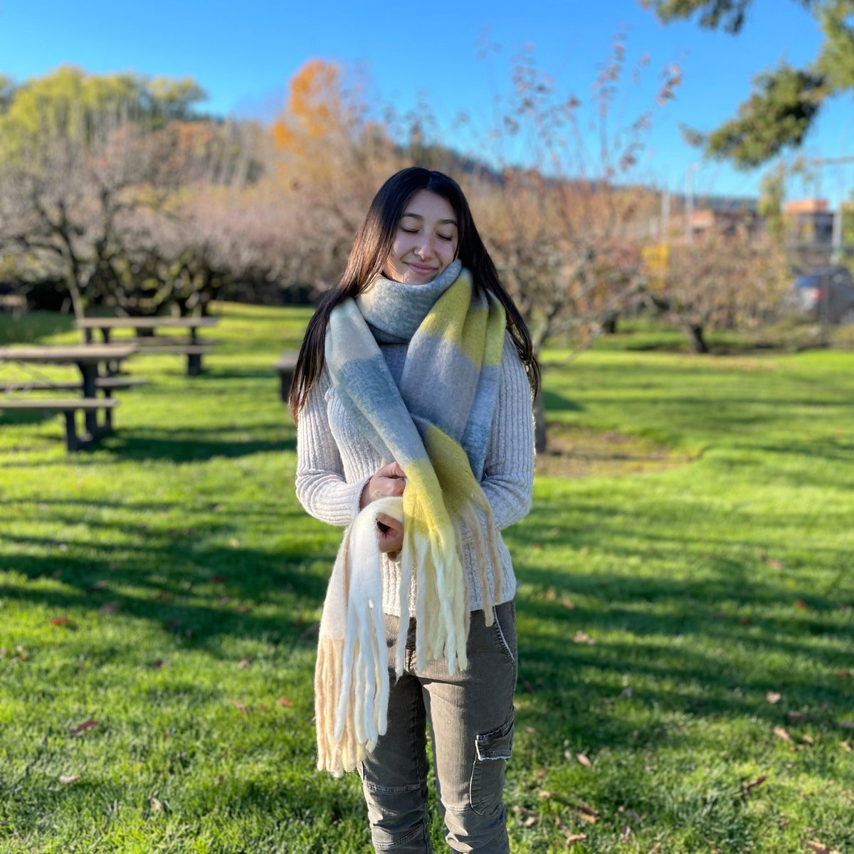 Warm Winter Chunky Fringe Scarf  | Oversized Shawl | Plaid | 7 Colors