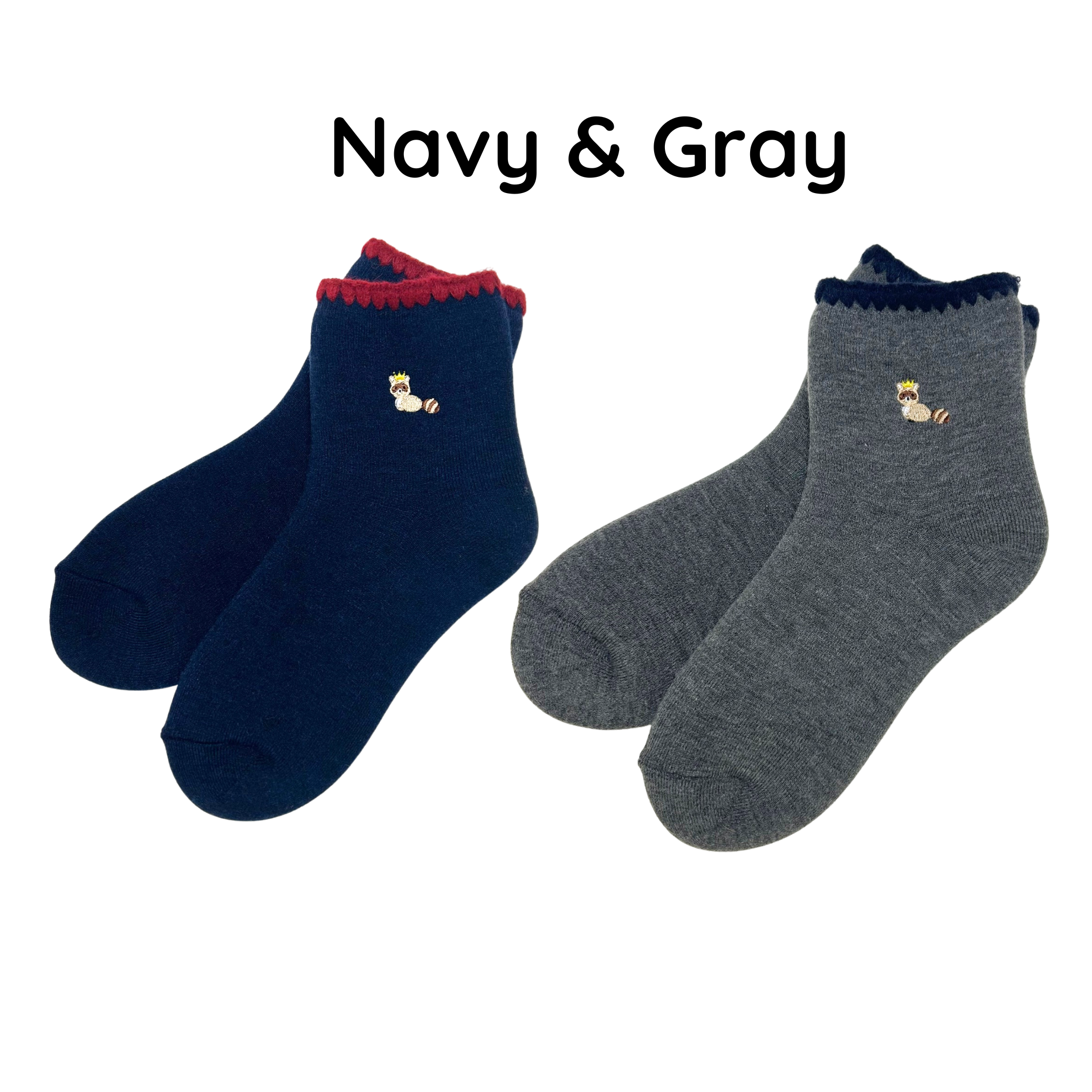 2 Colors Pairs Set | Handcrafted Wool Raccoon Embroidery Crew Socks Set | Medium | 2 Colors set - CHERRYSTONEstyle