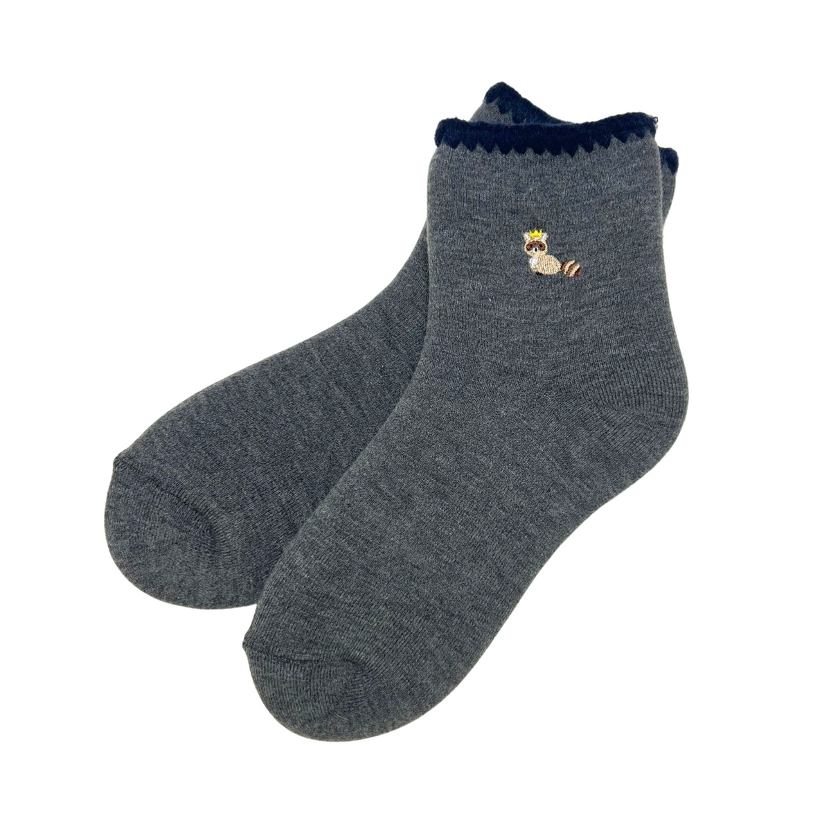 2 Colors Pairs Set | Handcrafted Wool Raccoon Embroidery Crew Socks Set | Medium | 2 Colors set - CHERRYSTONEstyle