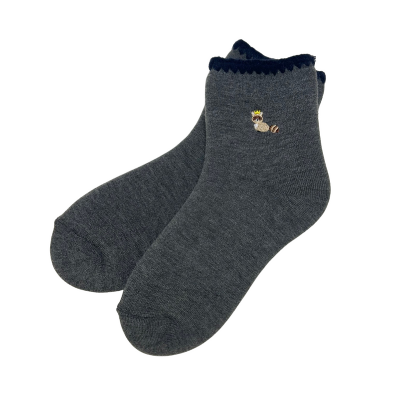 Handcrafted Wool Raccoon Embroidery Crew Socks | Medium | Handcrafted Panda Embroidery Wool Crew Sock, Medium, Navy and Gray, signature handcrafted slipper socks, Crew socks with cute Racoon embroidery, Handcrafted with love, Panda, Racoon, hand-knitting, gifting, 33% wool