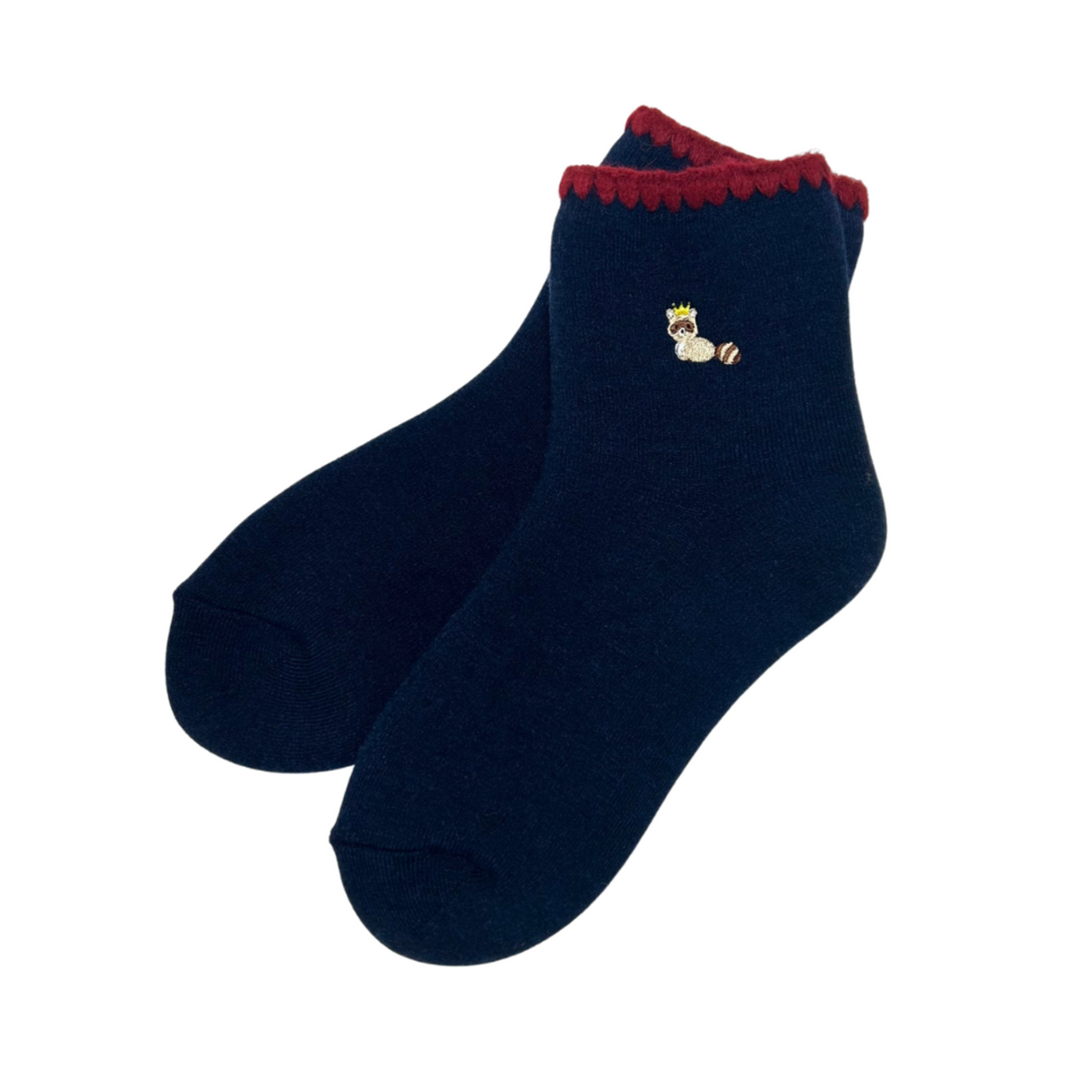 Handcrafted Wool Raccoon Embroidery Crew Socks | Medium | Handcrafted Panda Embroidery Wool Crew Sock, Medium, Navy and Gray, signature handcrafted slipper socks, Crew socks with cute Racoon embroidery, Handcrafted with love, Panda, Racoon, hand-knitting, gifting, 33% wool