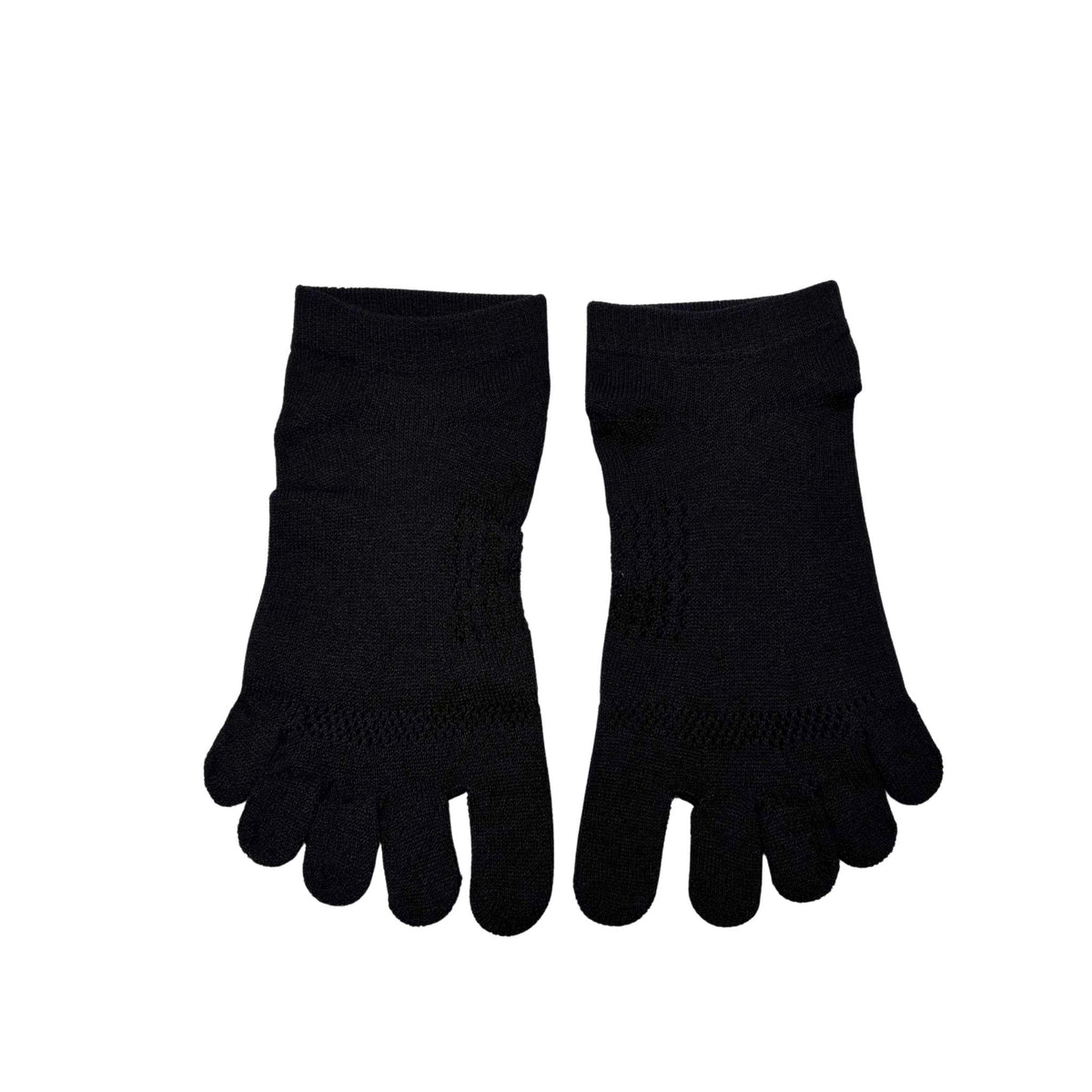 Pair of black five-finger socks on a white background