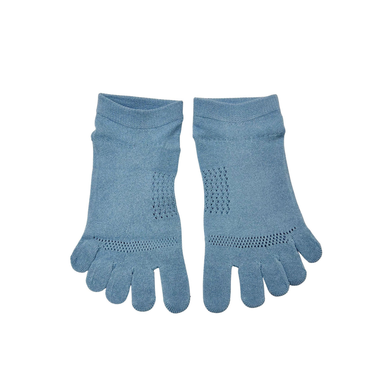 Pair of blue toe-separated socks on a white background