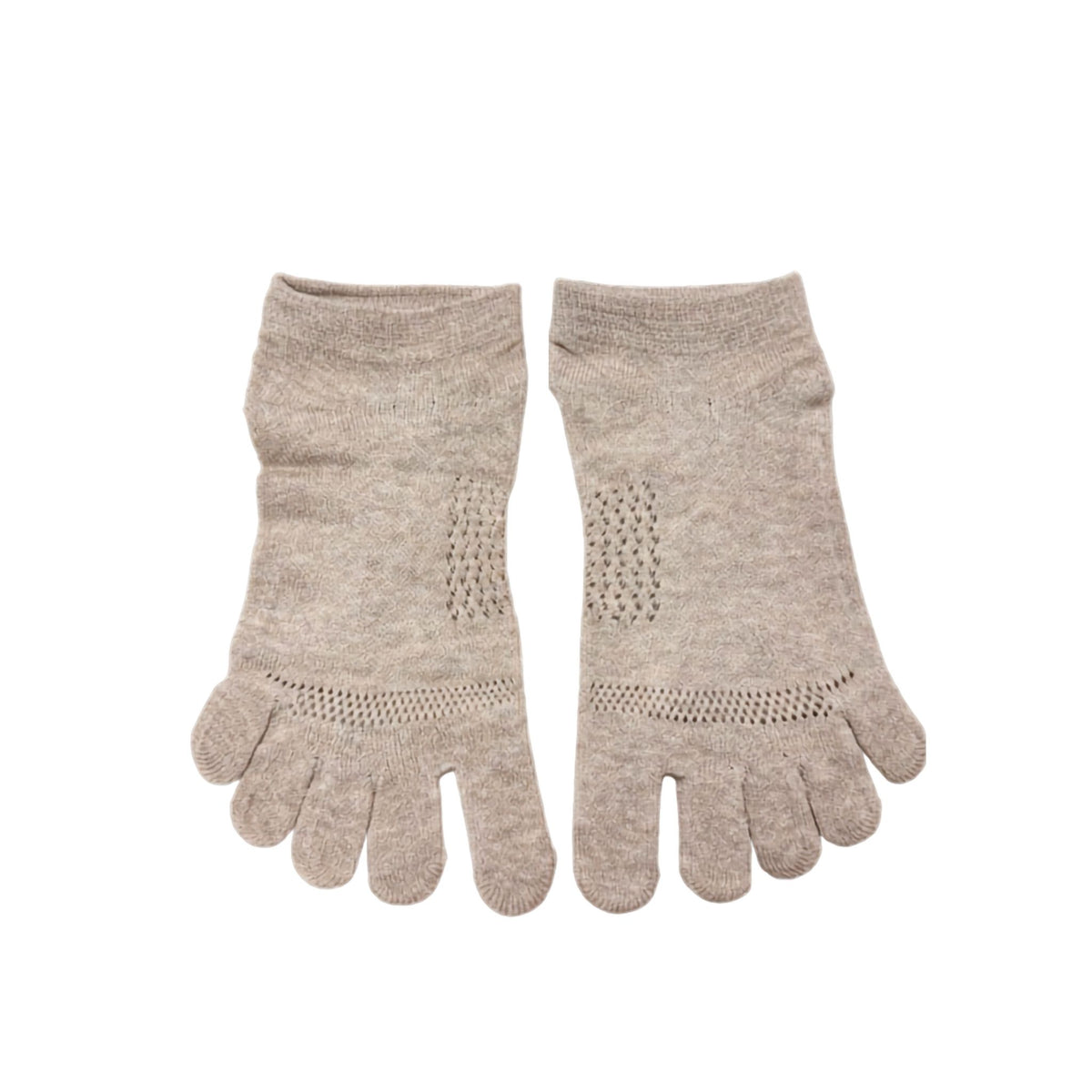 Pair of beige toe-separated socks on a white background