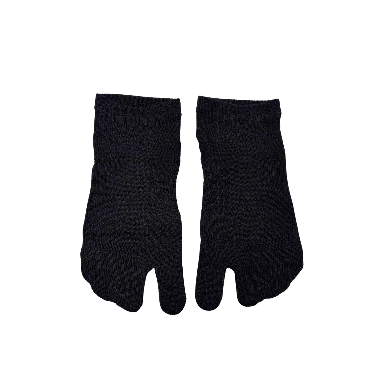 Pair of black split-toe socks on a white background