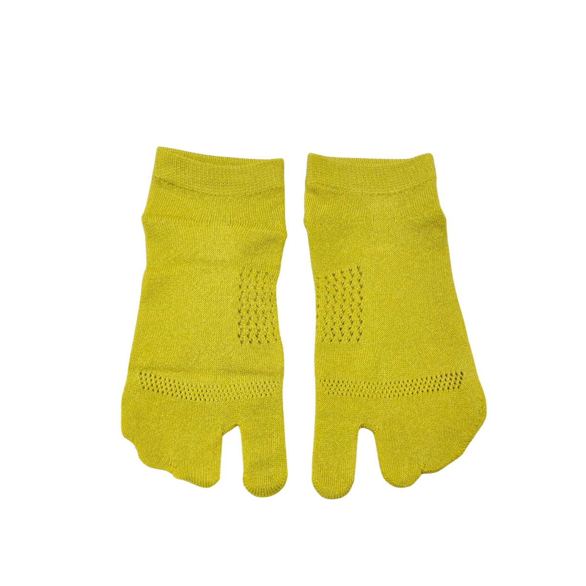 Pair of yellow toe-separated socks on a white background