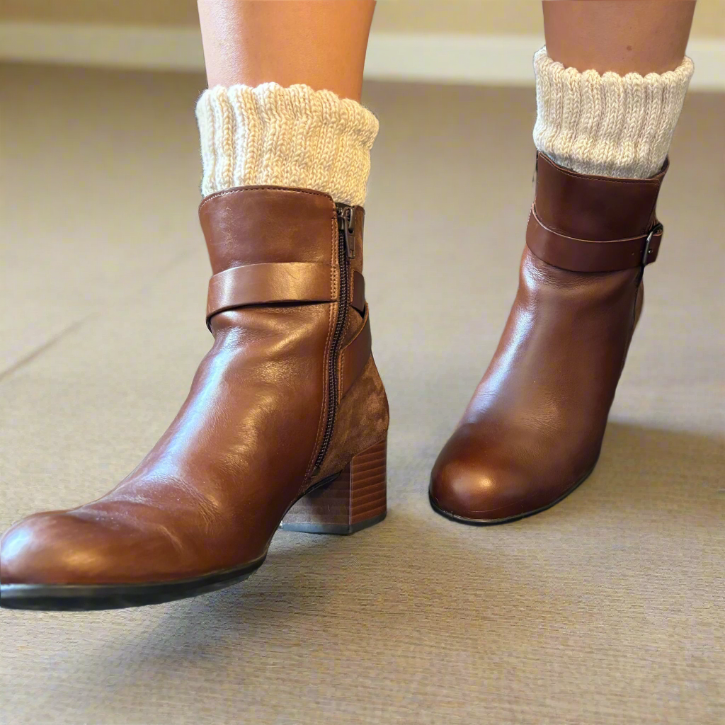Airy Grace Organic Cotton Ribbed Cuff Crew Socks | Medium or Large. Organic cotton socks with moisture absorption and heat retention, featuring a cozy double-knit ribbed design. Natural undyed color with no pre-shrink treatment, offering softness and warmth for comfortable, all-day wear. CHERRYSTONEstyle