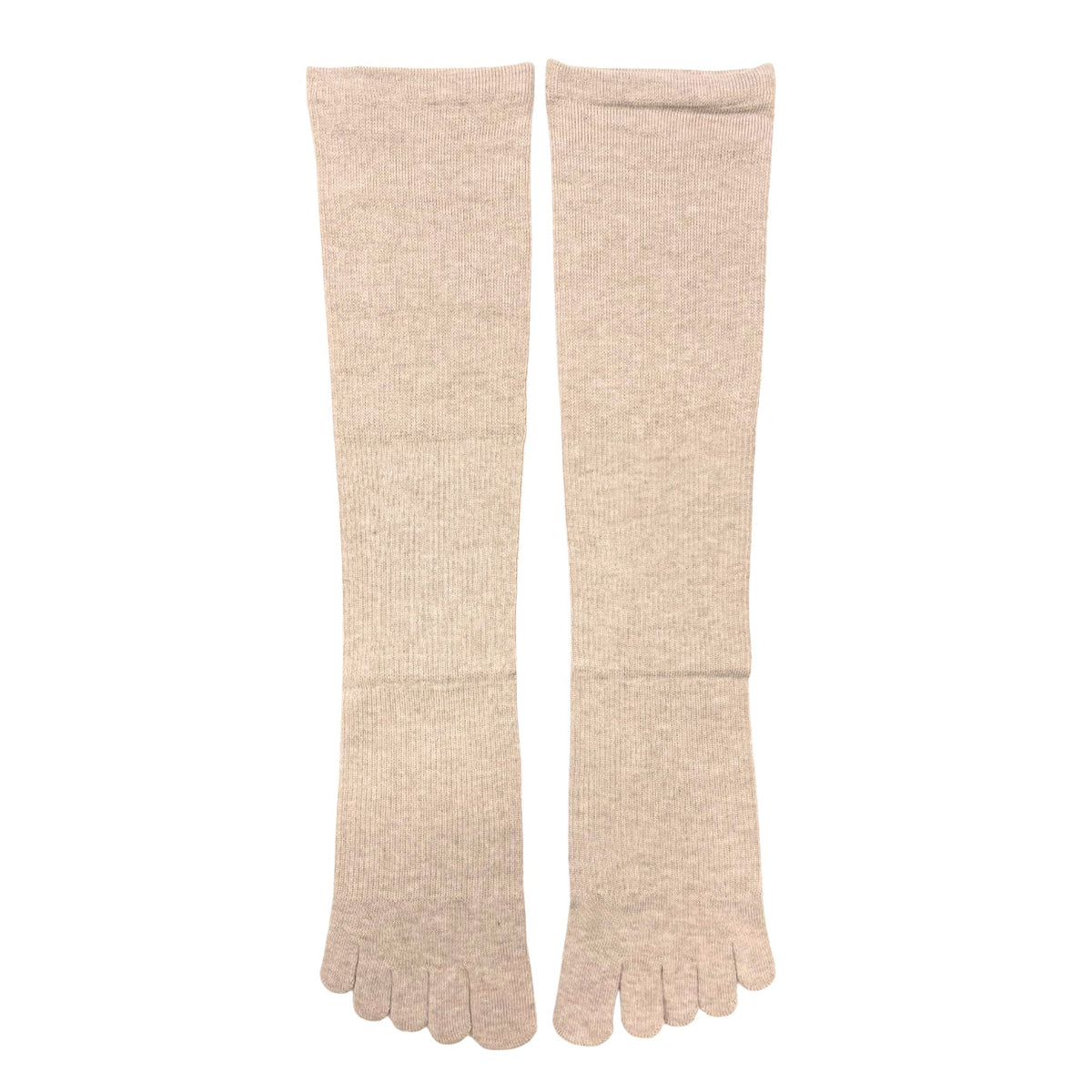 Pair of beige toe socks on a white background