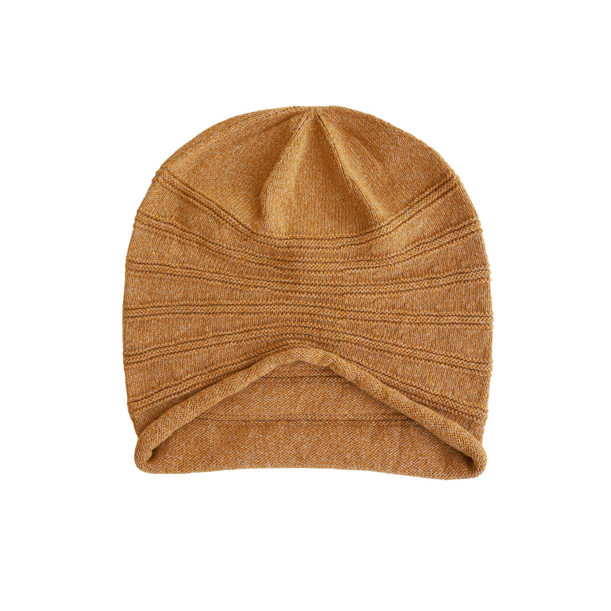Brown knit beanie on a white background