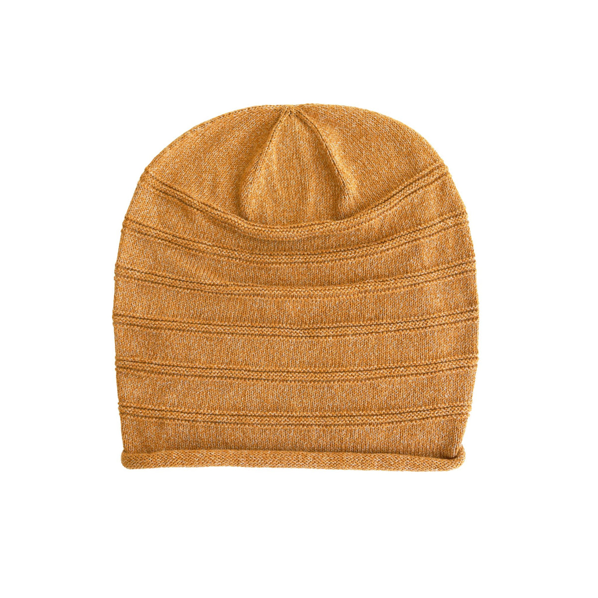 Brown knit beanie on a white background