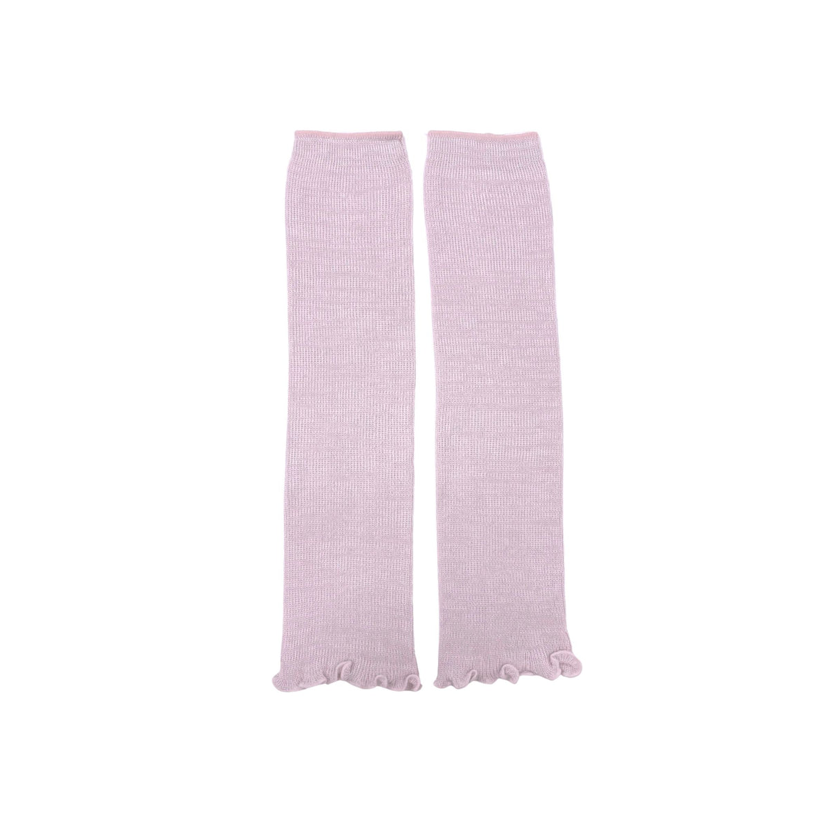 Pair of light pink ribbed arm warmers on a white background