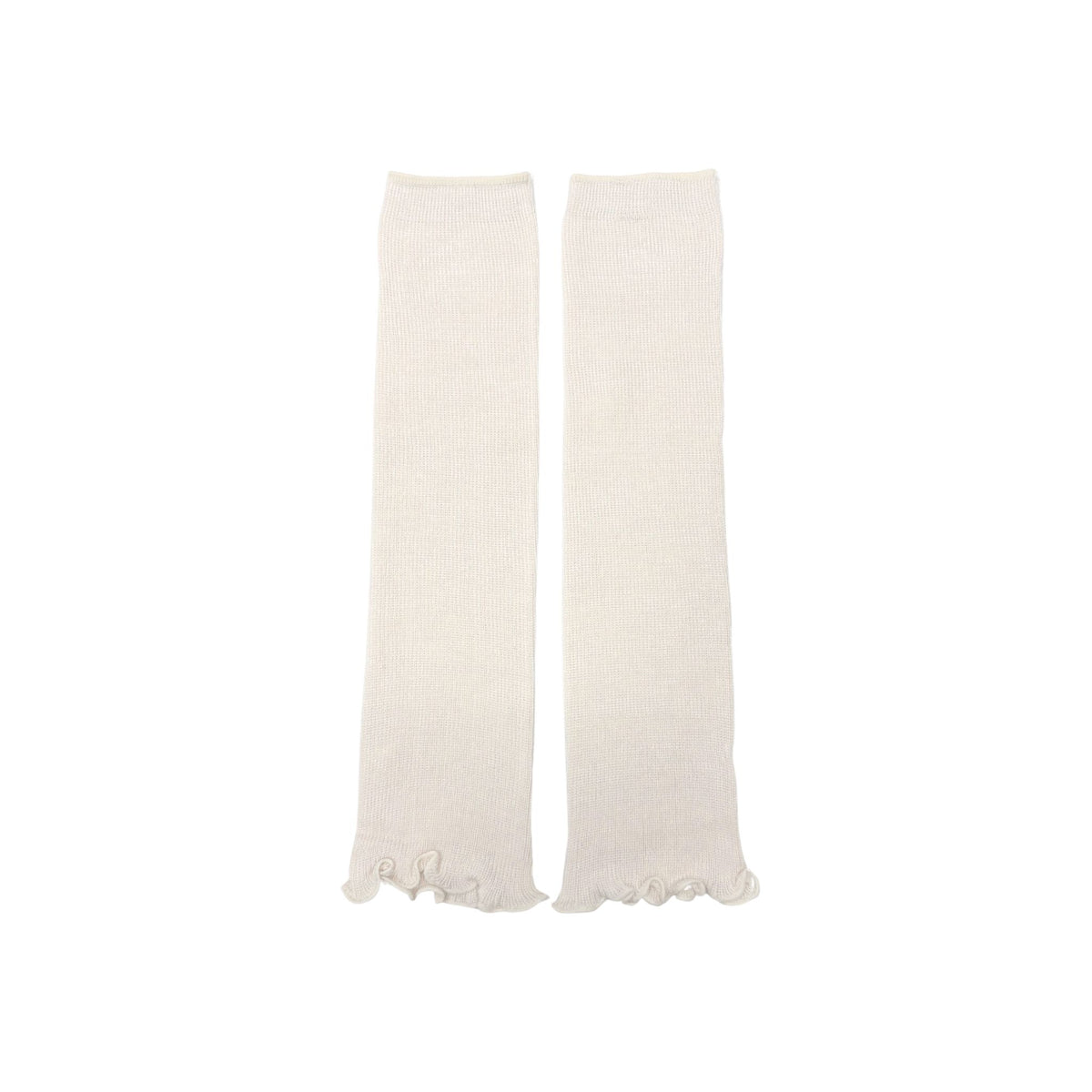 Pair of white legs and arms warmers with ruffled edges on a white background