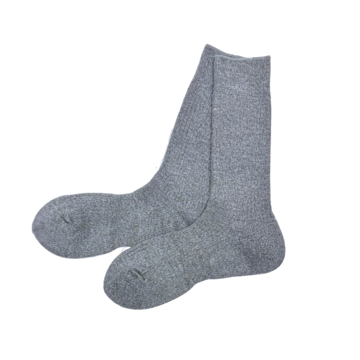 A pair of gray crew socks shown against a plain white background.
