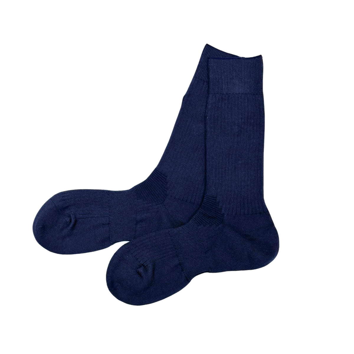 A pair of navy crew socks shown against a plain white background.
