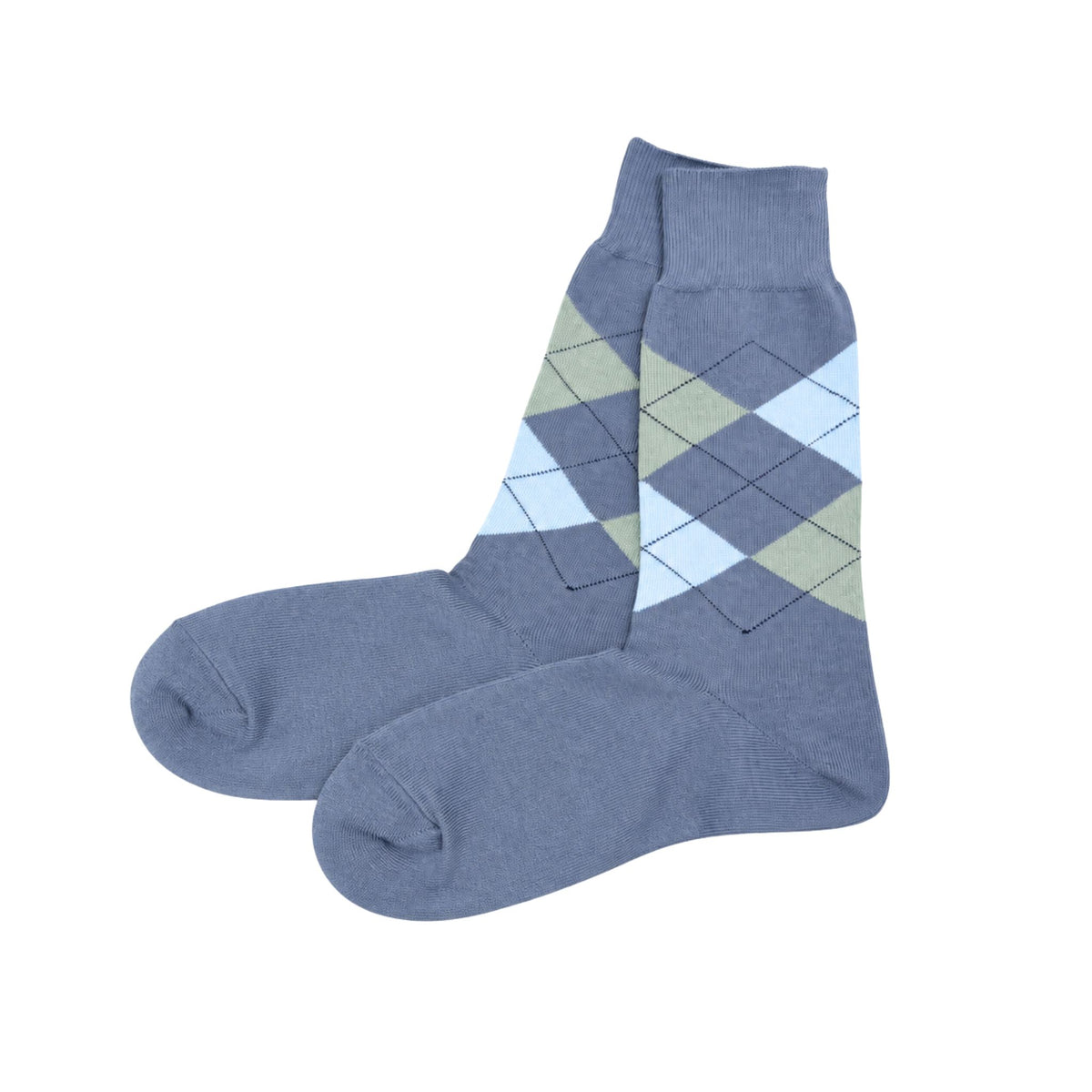 A pair of blue crew socks with an argyle pattern on the upper section featuring light blue and sage green diamonds, shown against a plain white background.