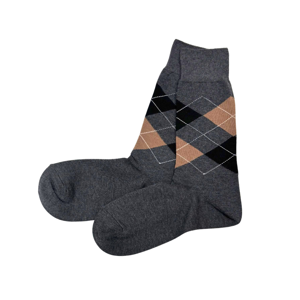 A pair of blue crew socks with an argyle pattern on the upper section featuring black and brown diamonds, shown against a plain white background.