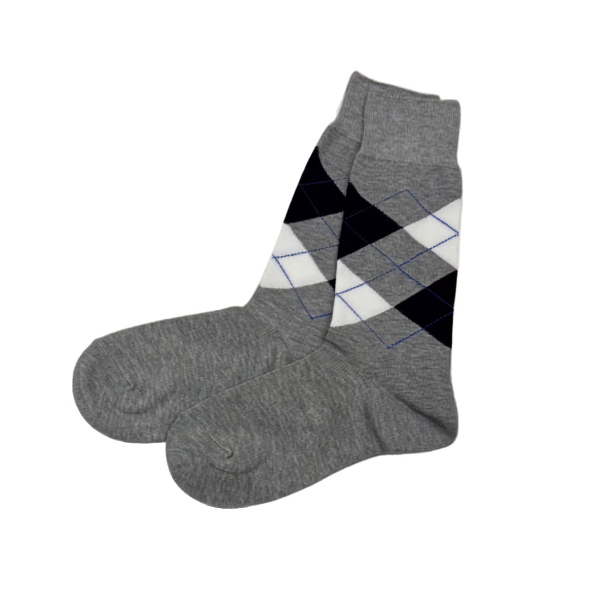 A pair of blue crew socks with an argyle pattern on the upper section featuring white and black diamonds, shown against a plain white background.