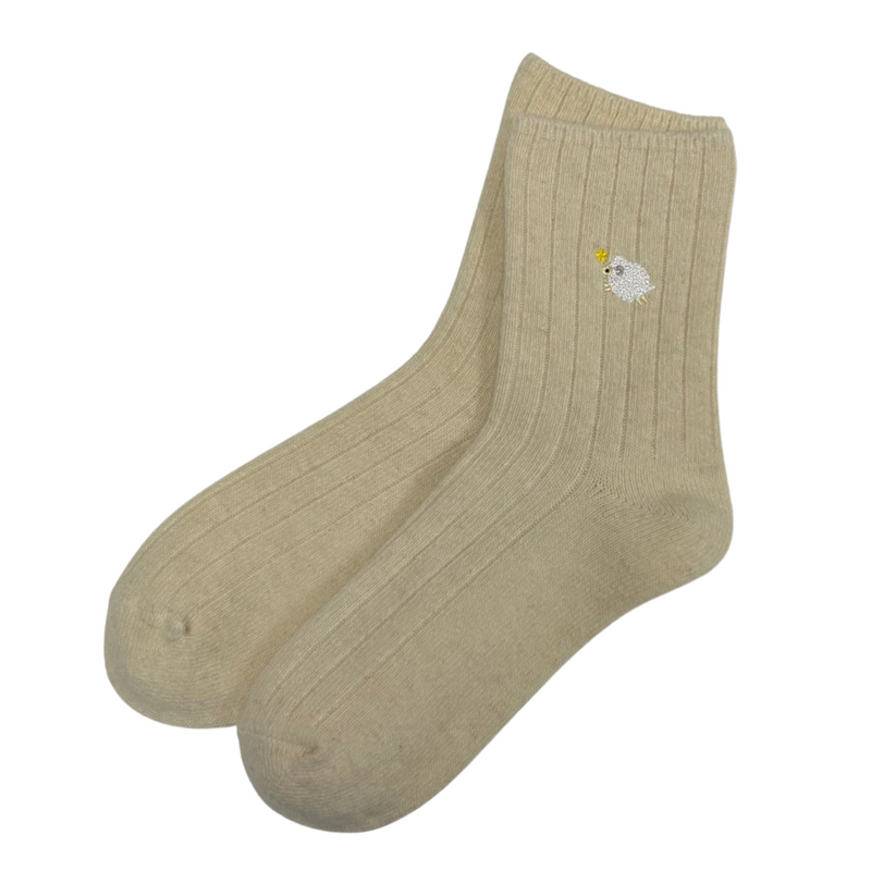 Wool Animal Ribbed Crew Socks | Size Medium | Cream, Tan, or Greige Warm, cozy 92% wool.  Simple and subtle ribbed design. Cute lamb embroidery. CHERRYSTONEstyle