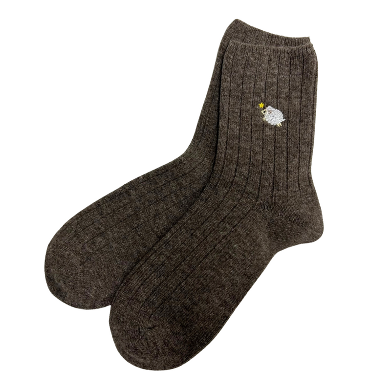 Wool Animal Ribbed Crew Socks | Size Medium | Cream, Tan, or Greige Warm, cozy 92% wool.  Simple and subtle ribbed design. Cute lamb embroidery. CHERRYSTONEstylee