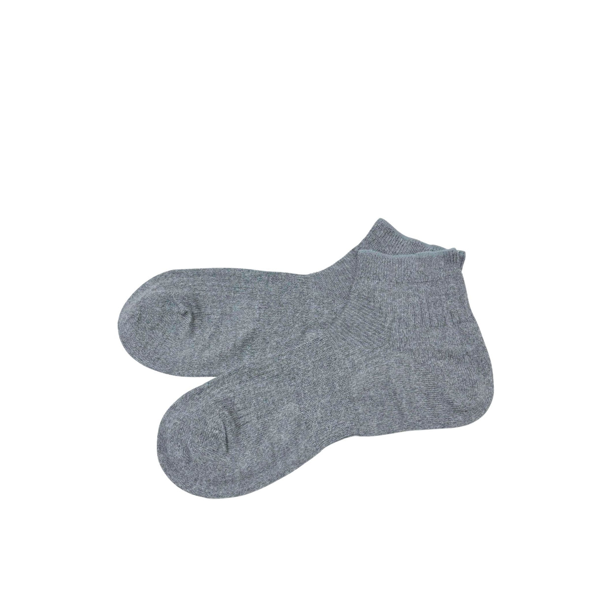 A pair of gray short socks shown against a plain white background.