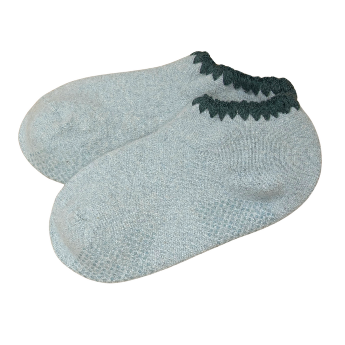 Handcrafted Angora Slipper Socks Grips Medium. Aqua, Light Blue with Green colored trim. Blend with Merino Wool. Size: Medium (US women's shoe size: 5 - 9)
-CHERRYSTONEstyle