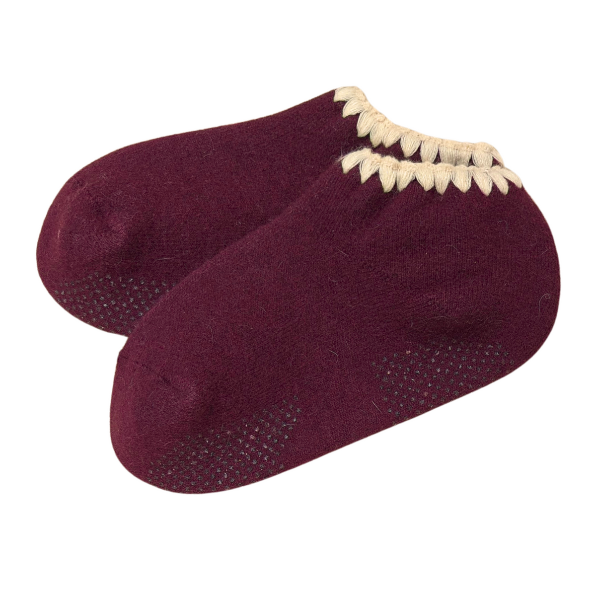 Handcrafted Angora Slipper Socks Grips Medium. Bordeaux, Dark Red with Cream-colored trim. Blend with Merino Wool. Size: Medium (US women's shoe size: 5 - 9)
-CHERRYSTONEstyle