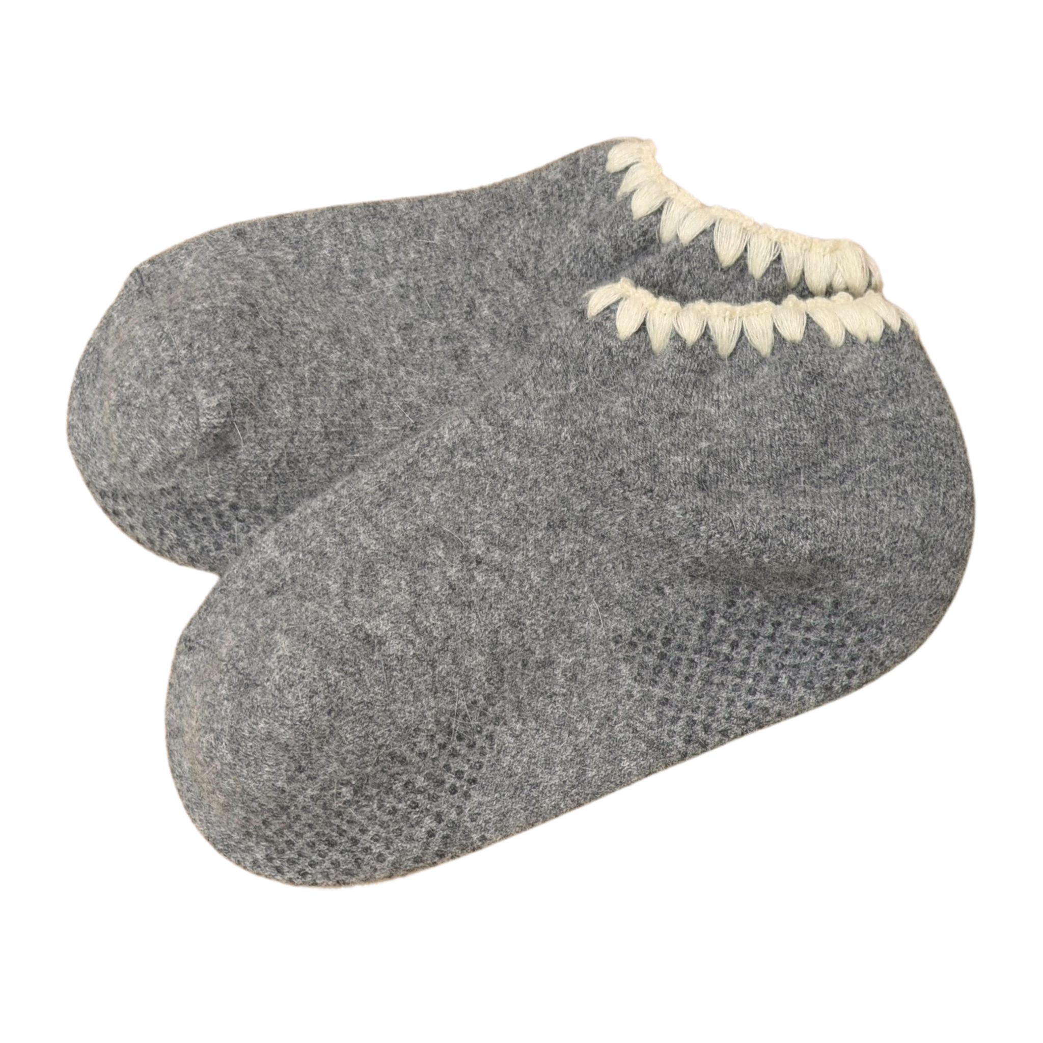 Angora Slipper Socks with anti-slip soles featuring transparent grip dots for extra safety. Each pair is handcrafted, incorporating traditional craftsmanship, and finished with cherrystone shell-shaped embroidery on the sock opening. Soft, cozy, and comfortable for ultimate foot pampering.