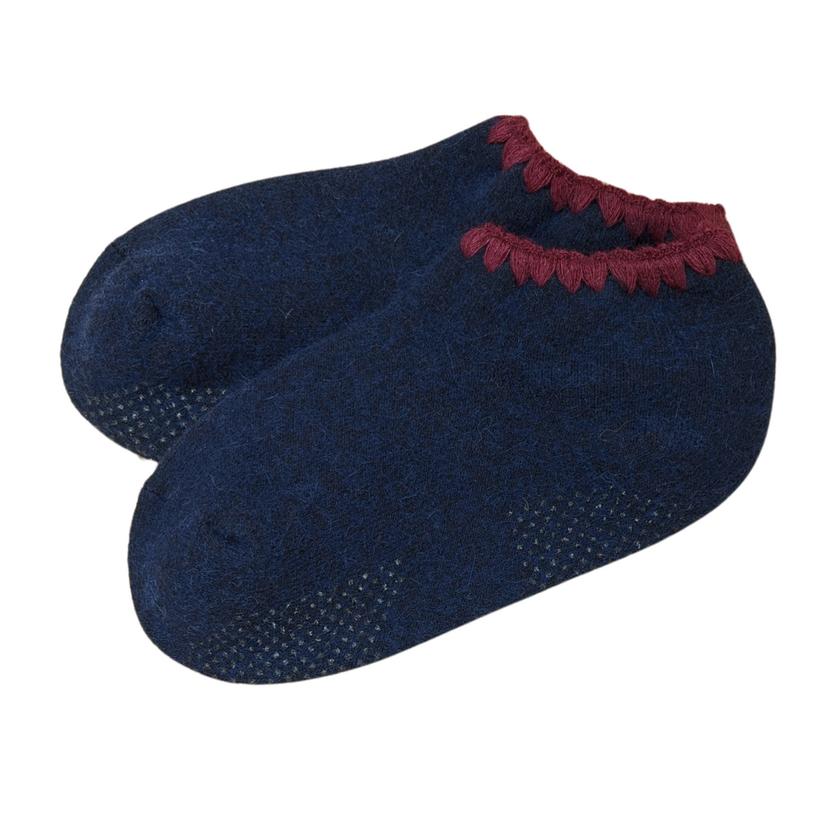 Handcrafted Angora Slipper Socks Grips Medium. Nightfall Navy with Dark Red colored trim. Blend with Merino Wool. Size: Medium (US women's shoe size: 5 - 9)
-CHERRYSTONEstyle