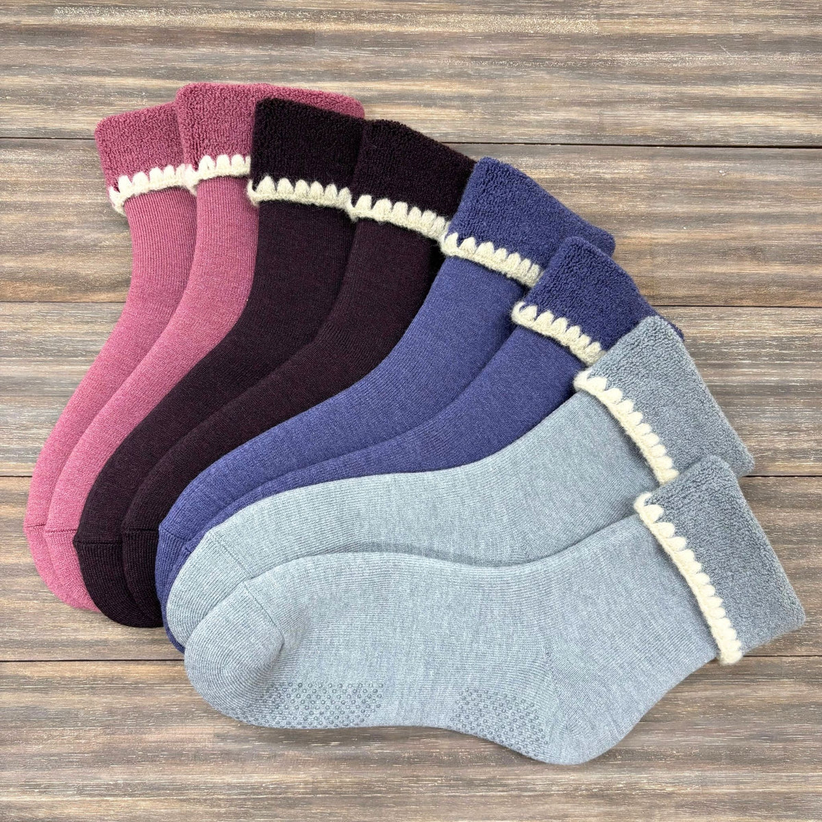 Handcrafted Wool Slipper Crew—Modern Calm Color—Grips. Warm & cozy, luxurious merino wool, perfect gifts and great companions for travels.