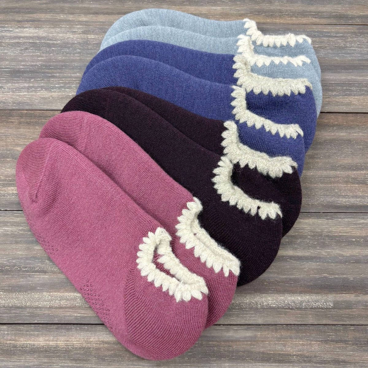 Handcrafted Wool Slipper Socks—Modern Calm Colors—Grips. Warm & cozy, luxurious merino wool, perfect gifts and great companions for travels.