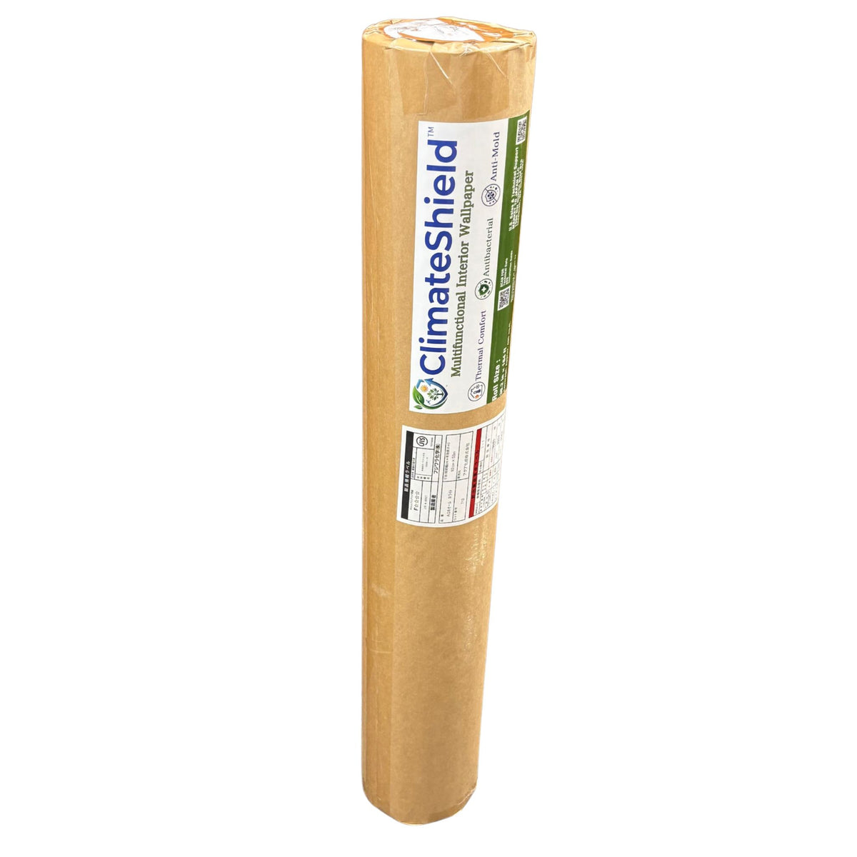 A roll of ClimateShield Multi-Mode Waterproofing film, wrapped in brown kraft paper with a white and green label, shown on a plain white background.