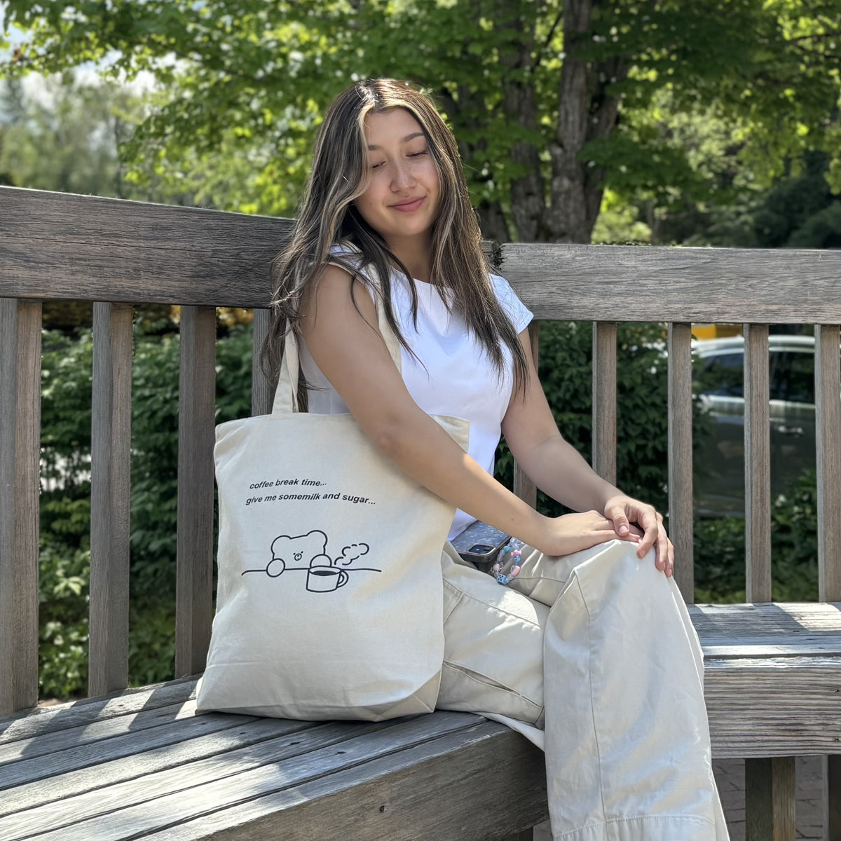 Upcycled Eco-Friendly Bear Life Design Tote | 6 Styles | Off White | Plenty of space inside to easily accommodate for your laptop, books, clothes, & groceries. Crafted from high-quality, sustainable, and eco friendly materials. Top zipper, a side zipper pocket and a pocket inside for your smartphone. CHERRYSTONEstyle