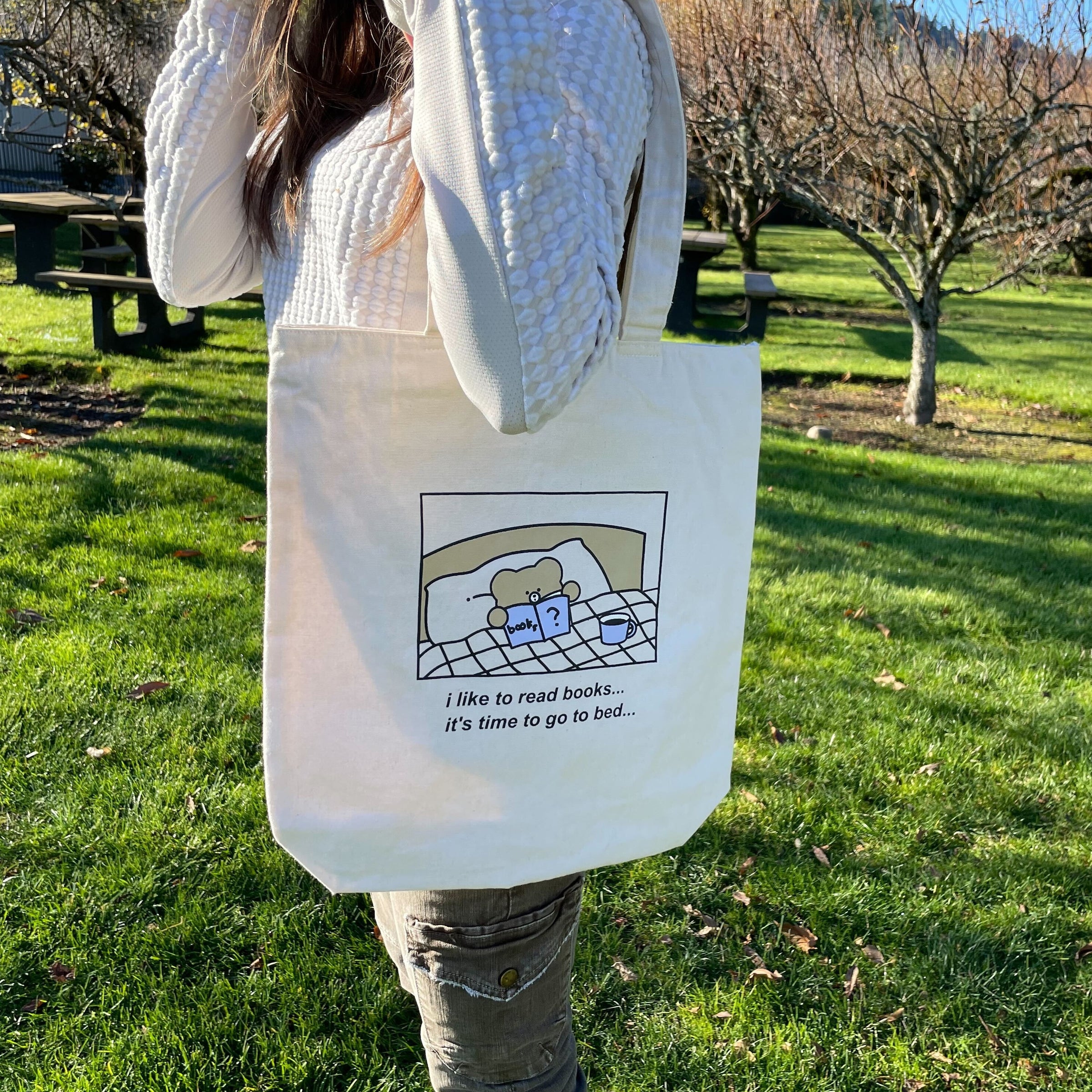 Upcycled Eco-Friendly Bear Life Design Tote | 6 Styles | Off White | Plenty of space inside to easily accommodate for your laptop, books, clothes, & groceries. Crafted from high-quality, sustainable, and eco friendly materials. Top zipper, a side zipper pocket and a pocket inside for your smartphone. CHERRYSTONEstyle