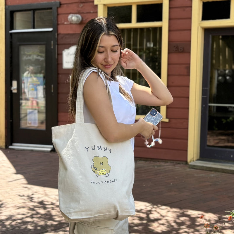 Upcycled Eco-Friendly Bear Life Design Tote | 6 Styles | Off White | Plenty of space inside to easily accommodate for your laptop, books, clothes, & groceries. Crafted from high-quality, sustainable, and eco friendly materials. Top zipper, a side zipper pocket and a pocket inside for your smartphone. CHERRYSTONEstyle