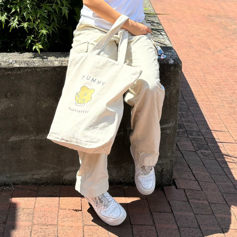 Upcycled Eco-Friendly Bear Life Design Tote | 6 Styles | Off White | Plenty of space inside to easily accommodate for your laptop, books, clothes, & groceries. Crafted from high-quality, sustainable, and eco friendly materials. Top zipper, a side zipper pocket and a pocket inside for your smartphone. CHERRYSTONEstyle