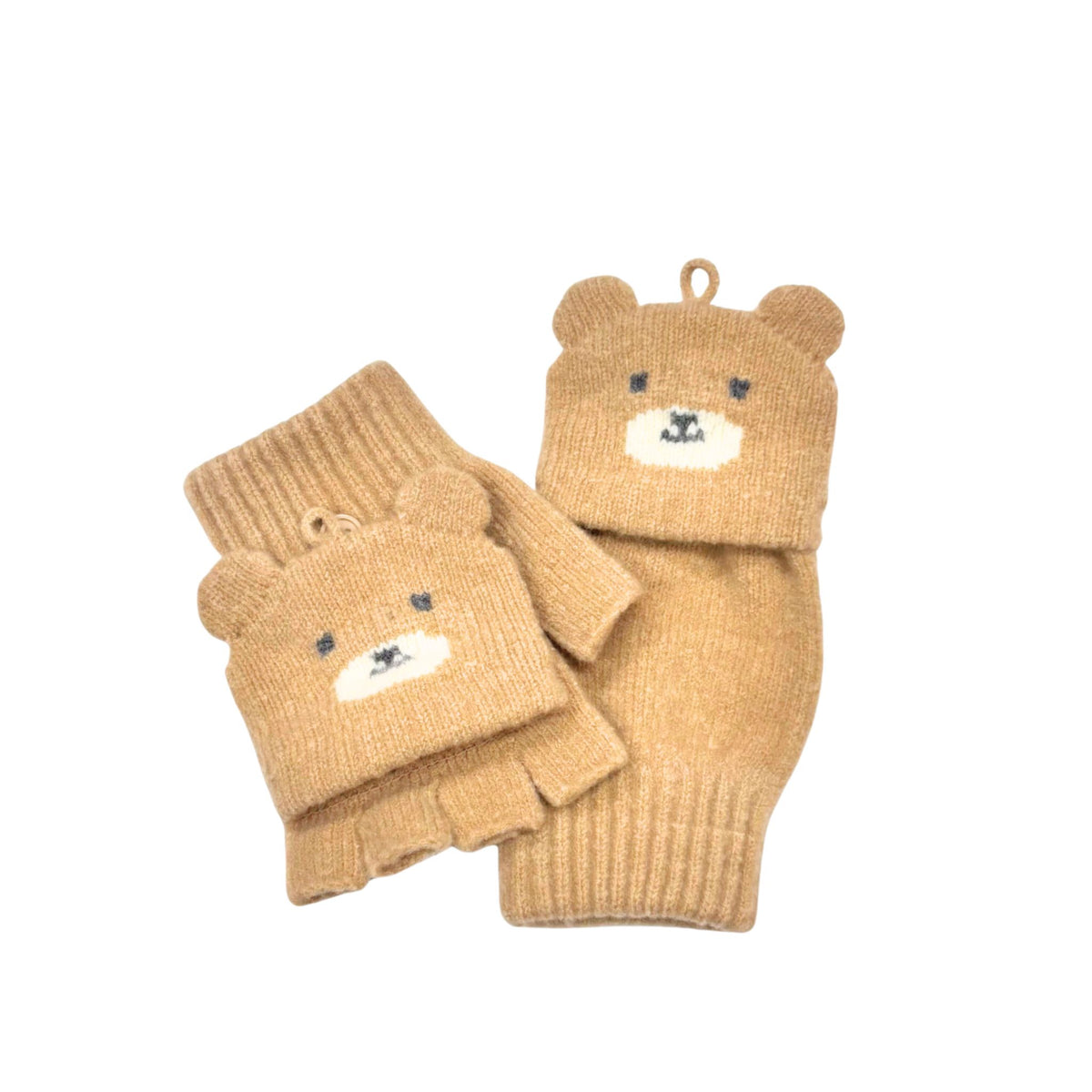 Kids’ flip-top gloves with five-finger design and bear and bunny mitten covers.