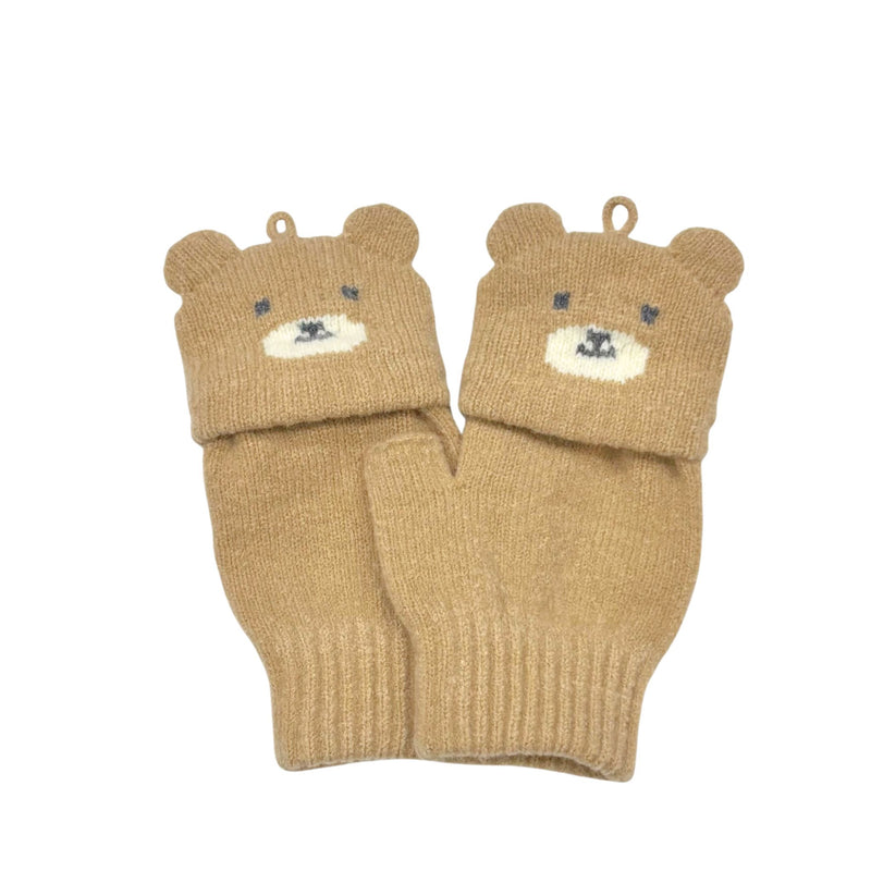 Kids’ flip-top gloves with five-finger design and bear and bunny mitten covers.